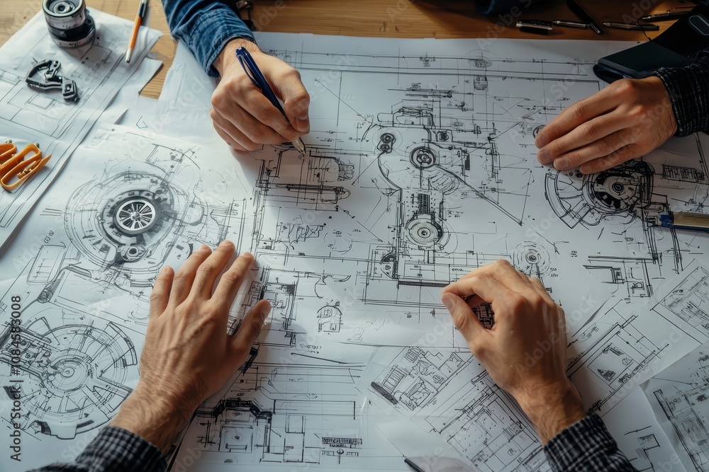 Poster hands of professionals collaborating over technical drawings and blueprints on a table, focusing on 
