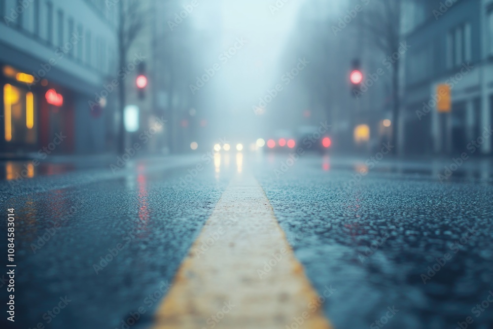 Poster A wet and empty street with a bright yellow line running down the center, suitable for use as a background or atmospheric image