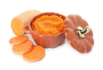 Tasty mashed sweet potato in pot and cut vegetable isolated on white
