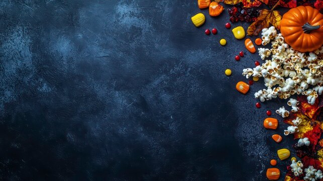 Colorful and festive assortment of Halloween themed snacks candies and decorative elements arranged on a dark background The image captures the spirit of the holiday with pumpkin shaped popcorn