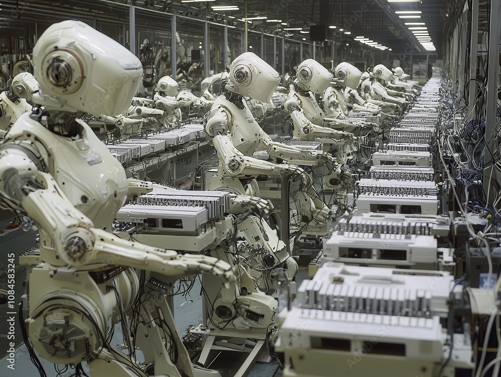 Poster futuristic robotics assembly line featuring humanoid robots engaged in automated production tasks in