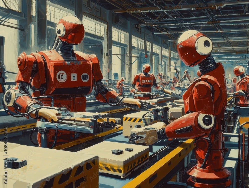 Poster futuristic robots working in a high-tech factory setting, engaged in automated production processes 