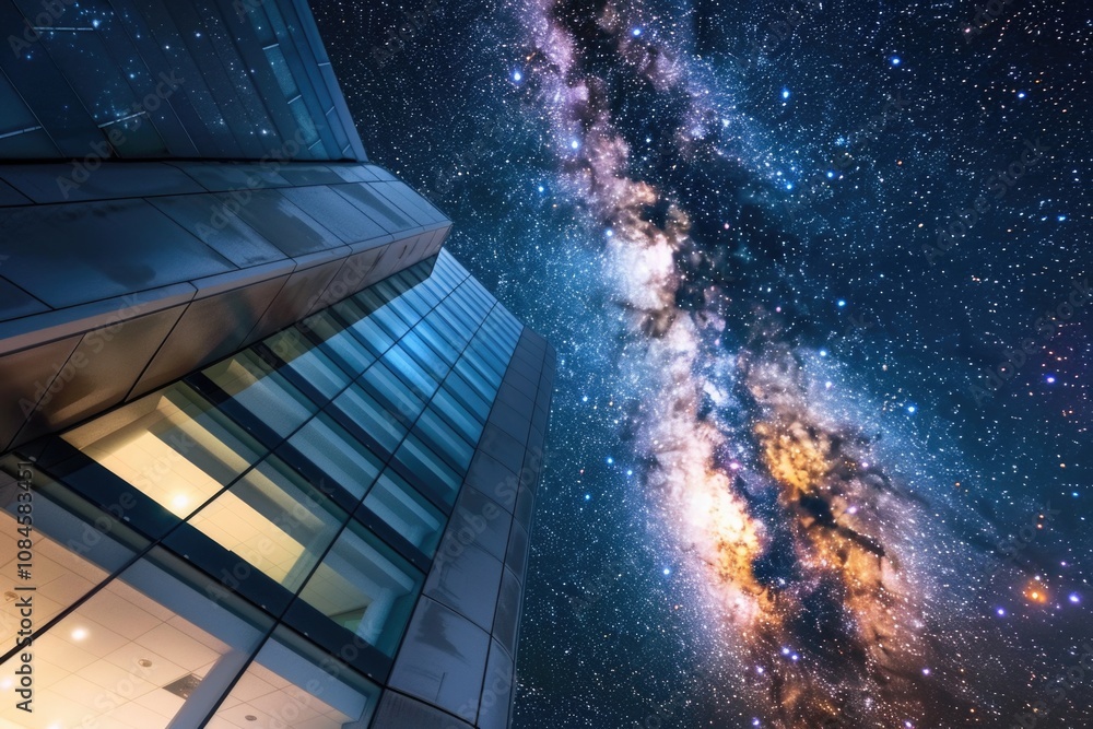 Poster tall building surrounded by stars in the night sky, ideal for use in cityscape or architecture desig
