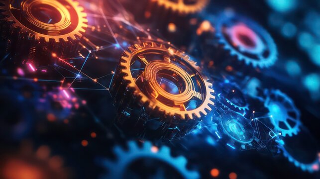 Colorful and abstract of interconnected gears and cogs representing the mechanisms processes and technologies that drive innovative workflows problem solving and strategic development