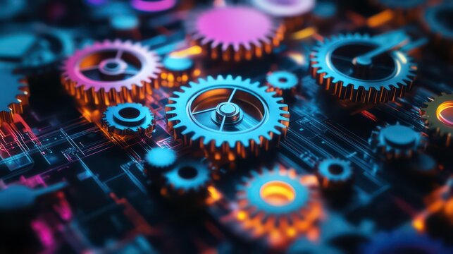Colorful and abstract of interconnected gears and cogs representing the mechanisms processes and technologies that drive innovative workflows problem solving and strategic development
