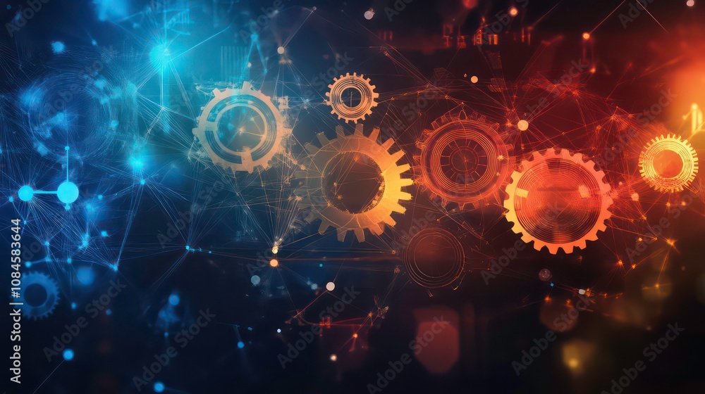 Poster abstract background with gears and network connections in blue and red.