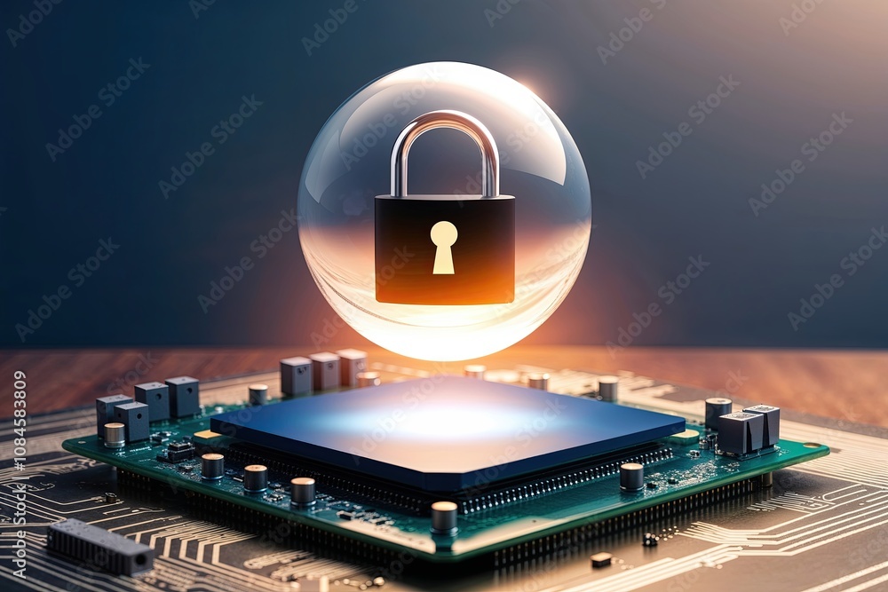 Poster levitating glowing sphere with lock symbol on digital motherboard representing cloud security and da