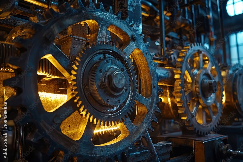 Poster intricate network of gears in an industrial machine with warm glow, showcasing mechanical precision 