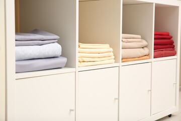 Fototapeta premium Folded bedsheets on shelving unit indoors. Home textile storage