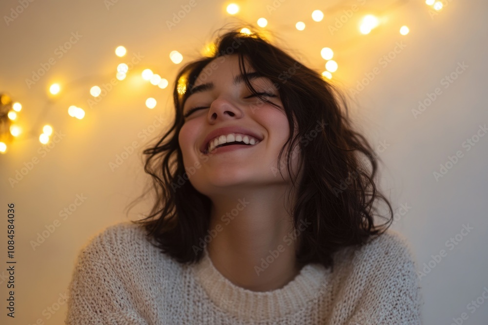 Poster a woman smiling and laughing with a string of colorful lights behind her