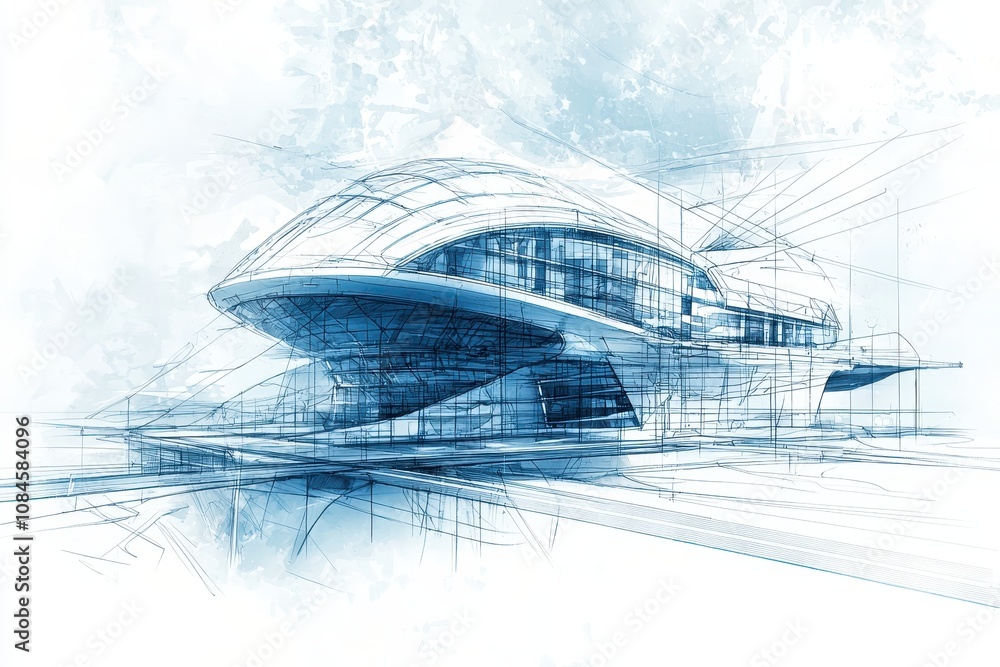 Poster futuristic architectural design concept in blue tones with dynamic shapes and innovative lines for m
