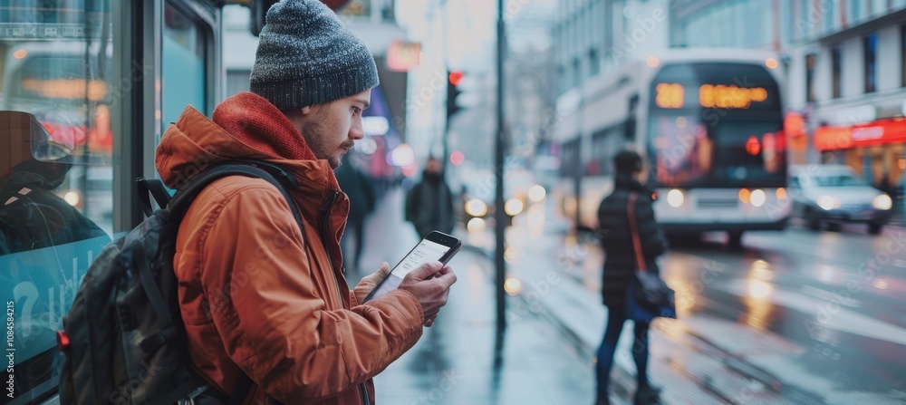 Poster professional checking emails at bus stop in busy urban setting for mobile communication theme