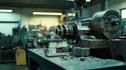 Fototapeta premium Precision Machinery in a Modern Workshop Featuring Lathe Tools and Metal Parts with a Focus on Engineering and Design Techniques for Industrial Applications