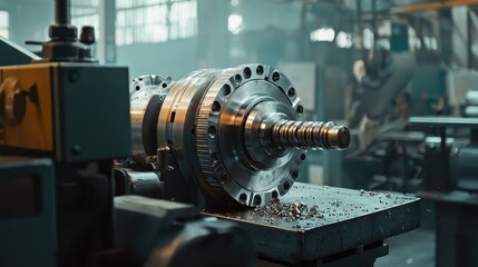 Naklejka premium Precision Engineering in Action: Close-Up of a Metal Part Being Machined in a Modern Manufacturing Facility with Tools and Shavings