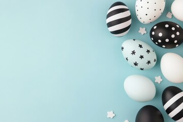 Black and white decorated eggs arranged on a soft blue background with decorative stars