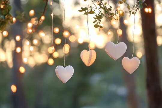 Beautiful heart decorations hanging in the evening light during a romantic outdoor event