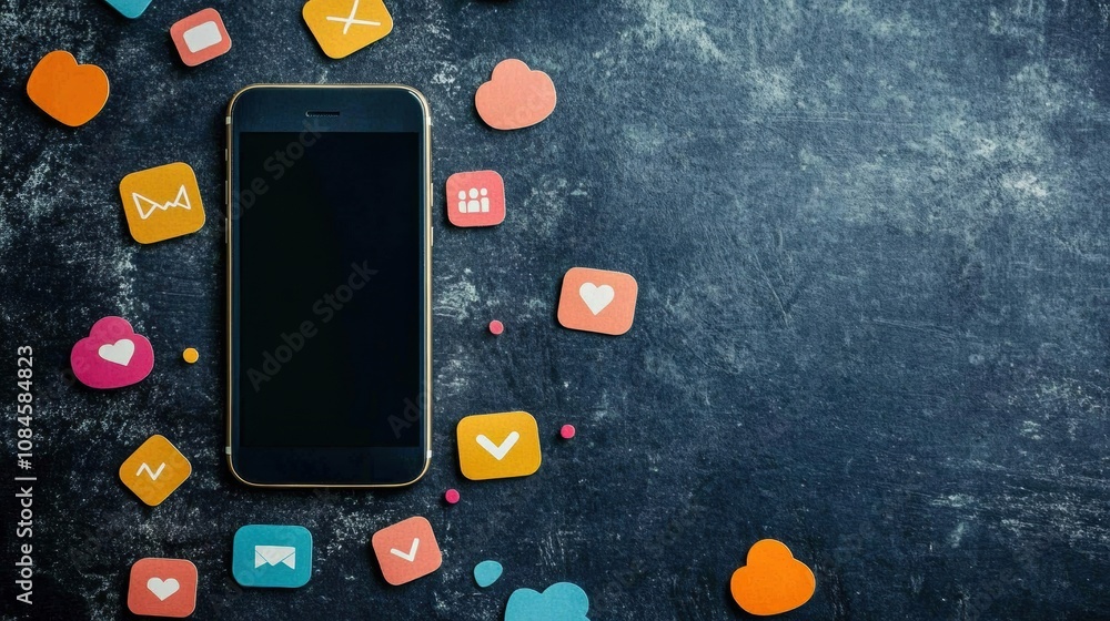 Fototapete A smartphone rests on a dark background with various colorful notification icons scattered around, indicating social media interaction. Generative AI