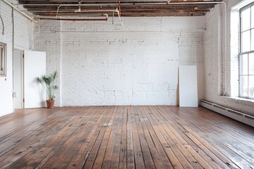 An empty room with a wooden floor and white brick walls