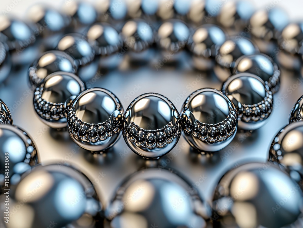 Poster a close-up view of metallic spheres forming an intricate pattern on a reflective surface, showcasing