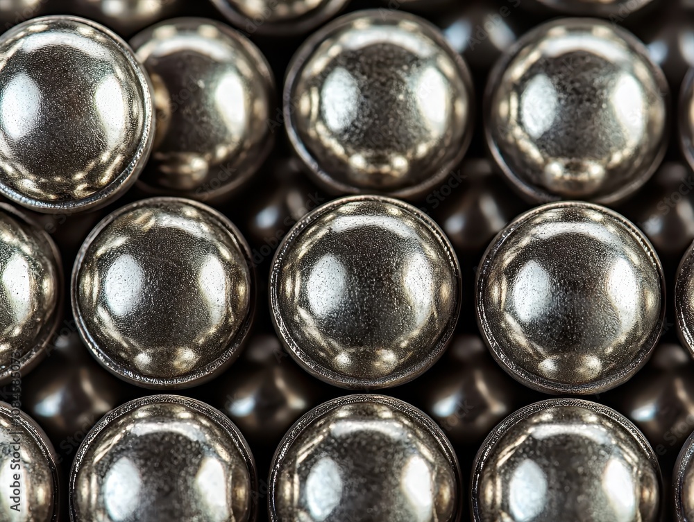 Poster close-up view of metallic round balls arranged in a pattern, highlighting the reflective surfaces an