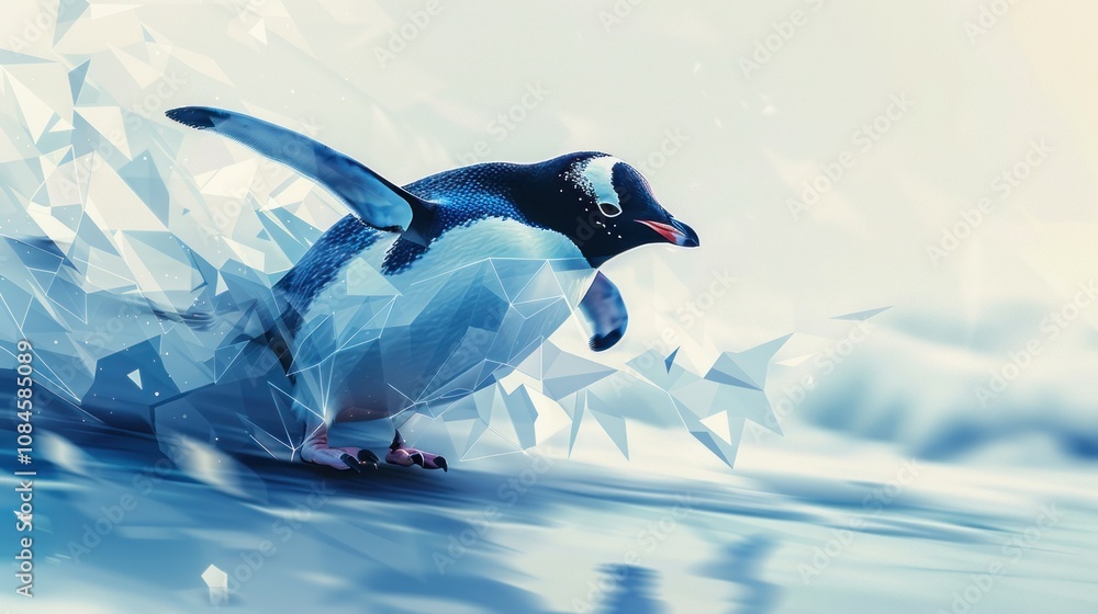 Poster a penguin leaps through a field of abstract geometric shapes, creating a dynamic and artistic scene.