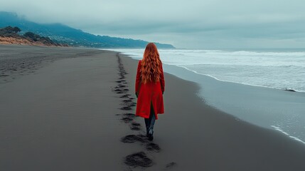 A solitary figure with flowing red hair walks along a deserted beach under an overcast sky, leaving footprints on the wet sand, evoking a sense of mystery and introspection - AI Generated Digital Art.