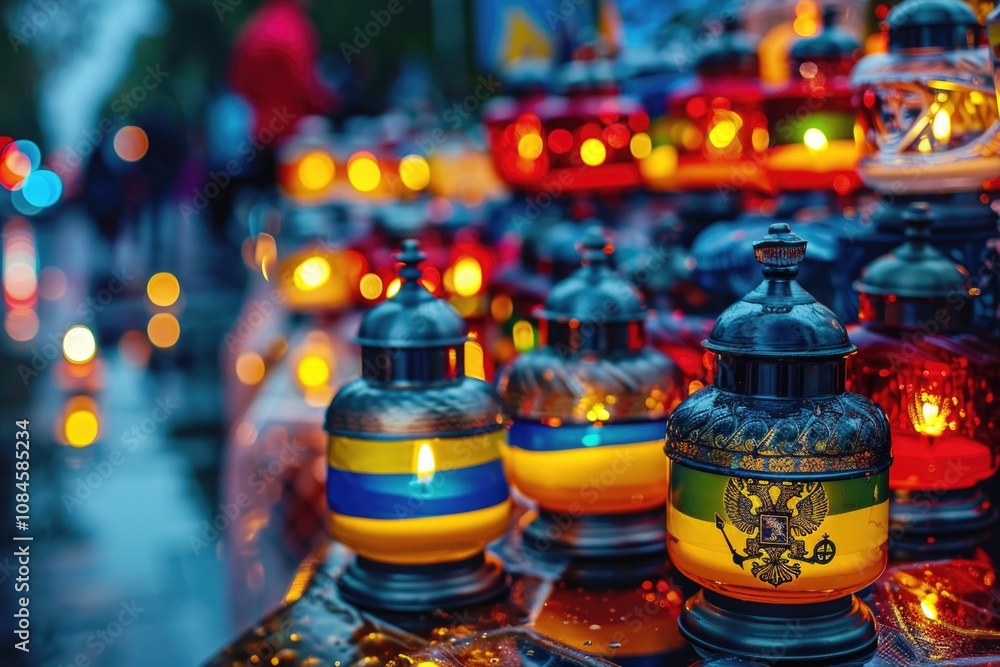 Poster A beautifully set table with multiple colorful lit candles creating a warm and cozy ambiance