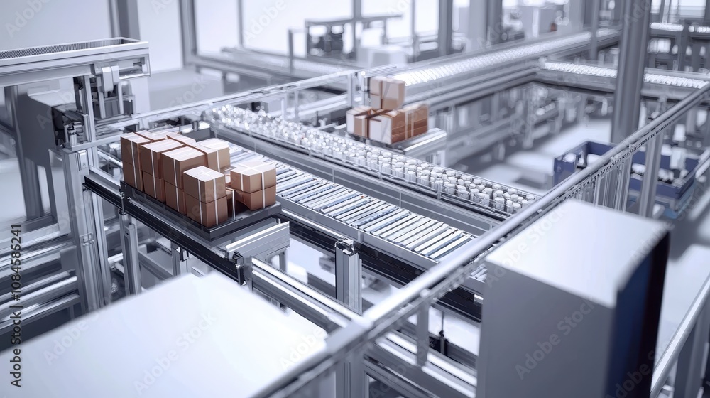 Poster modern automated warehouse with efficient conveyor systems and cardboard boxes organized for seamles