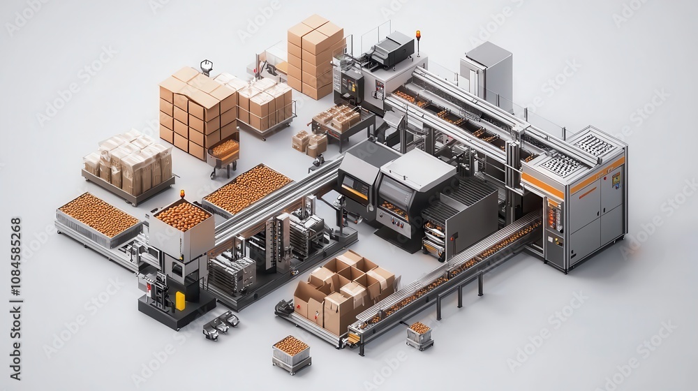 Poster advanced automated production line with conveyors and packaging in a modern warehouse setting for ef