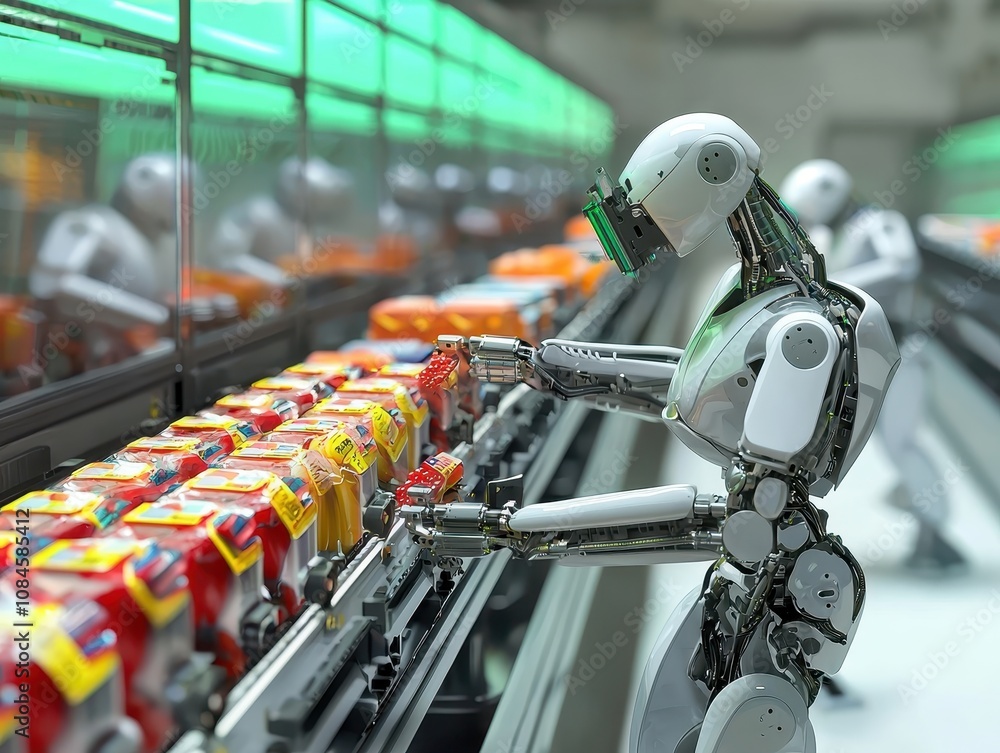 Poster advanced robotics in automation: a futuristic scene of a humanoid robot operating in a high-tech war