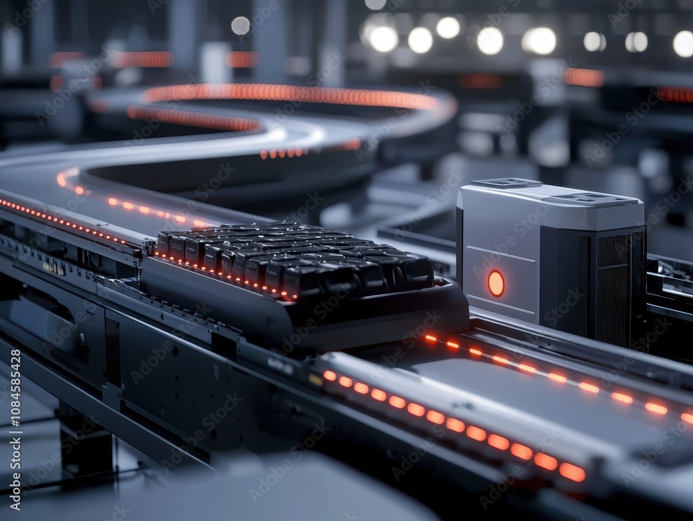 Poster futuristic automation system with conveyor belt transporting goods in a high-tech warehouse environm