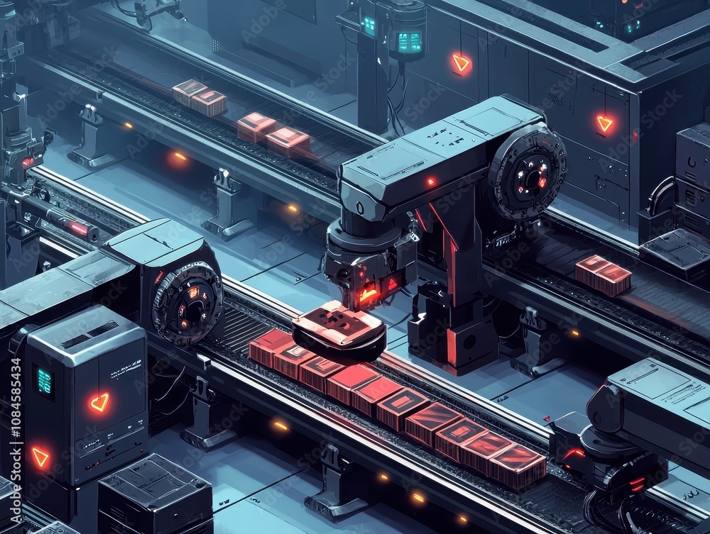 Poster futuristic automated factory scene showcasing robotic arms working on production line with high-tech