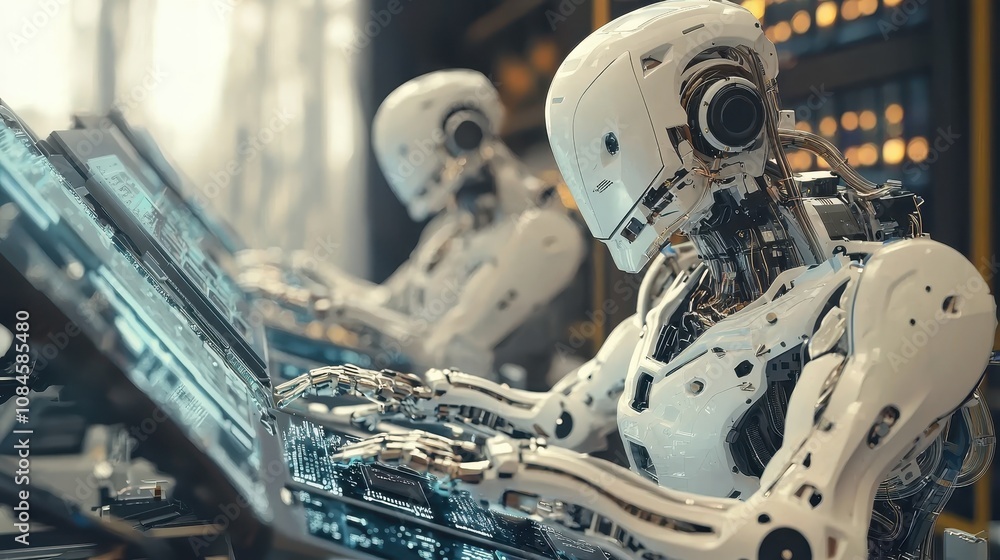 Poster futuristic robots working at control panels in a high-tech setting with detailed circuitry and moder