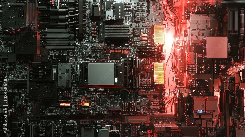 Poster abstract view of high-tech circuit board with glowing components, featuring intricate design and mod