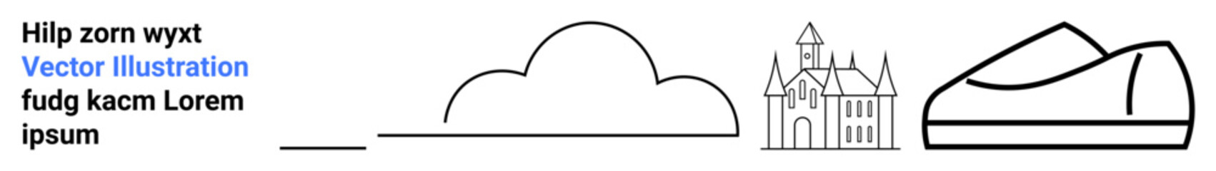 Cloud, detailed building, mountain symbols in black lines. Ideal for nature, architecture, travel, design, education presentations landing page