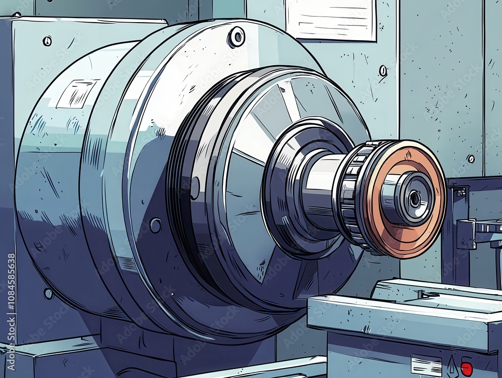 Poster close-up view of a precision engineered industrial machine component with metallic finish and intric