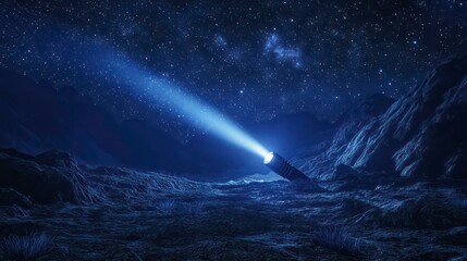 Closeup view of a powerful flashlight or torch illuminating the rocky textured ground of a wilderness landscape under a starry night sky The bright beam of light cuts through the darkness