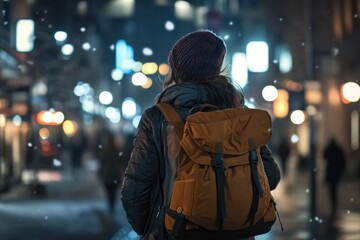 Obraz premium A person is walking down the street at night, carrying a backpack