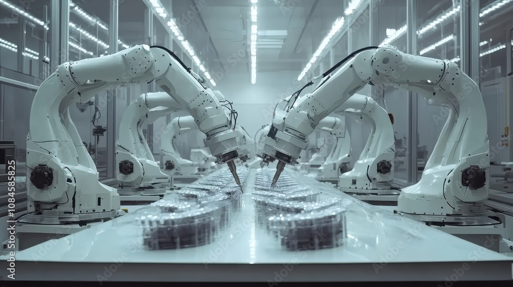 Poster advanced robotic automation in a modern manufacturing facility with multiple robotic arms collaborat