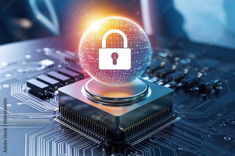 Poster shimmering sphere with encryption symbol above cpu for cloud security measures