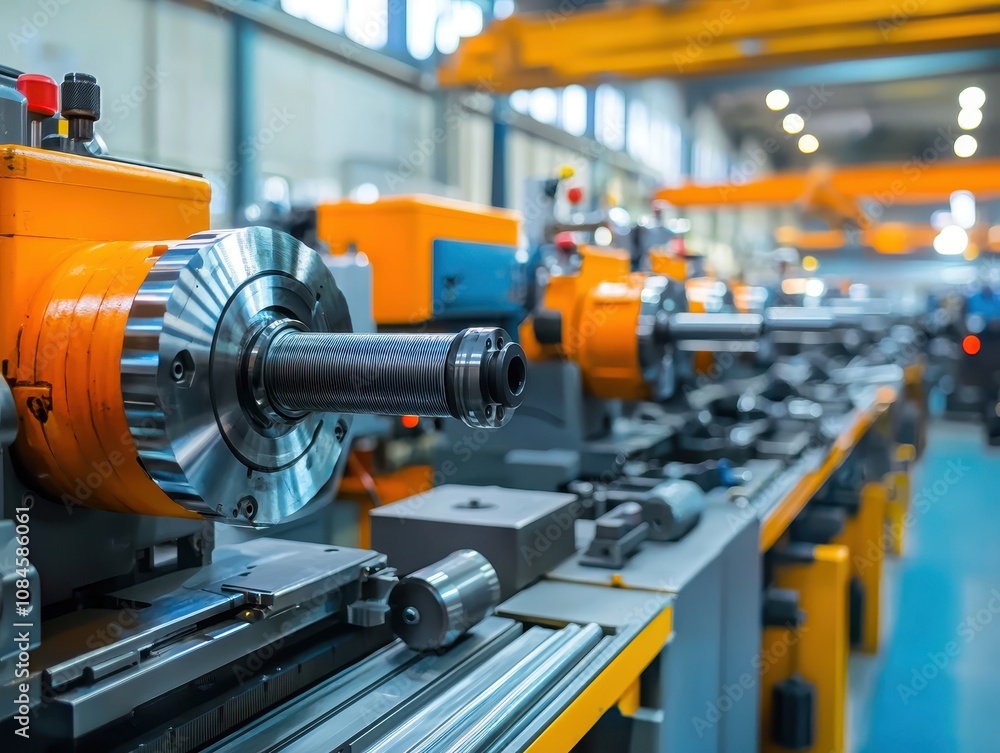 Poster industrial machining workshop with advanced cnc lathe machines, showcasing close-up of precision met