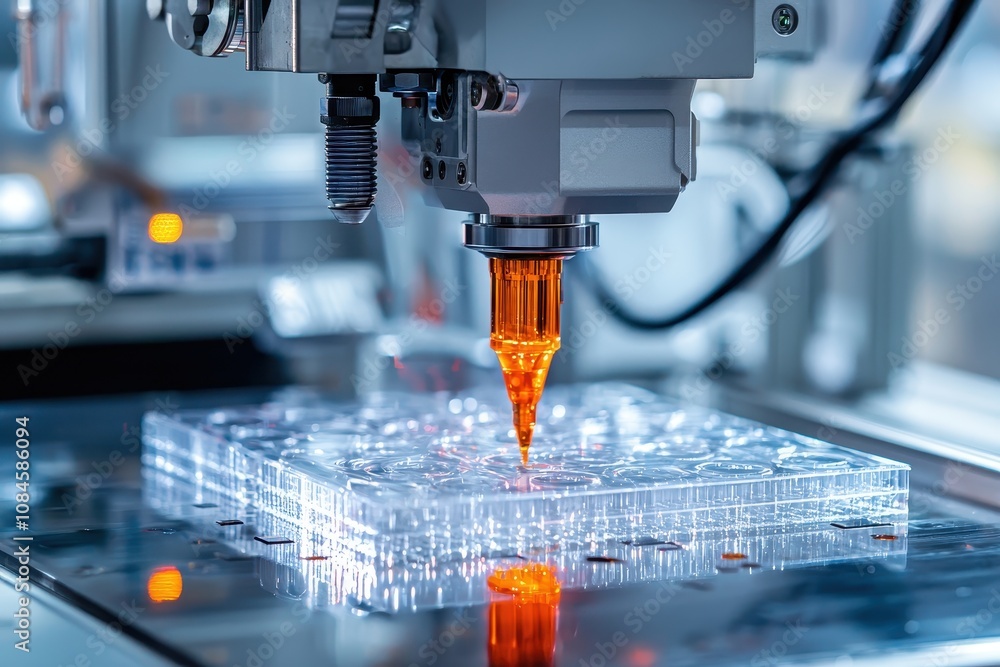 Poster advanced 3d printing technology with transparent resin in high-tech factory environment for innovati