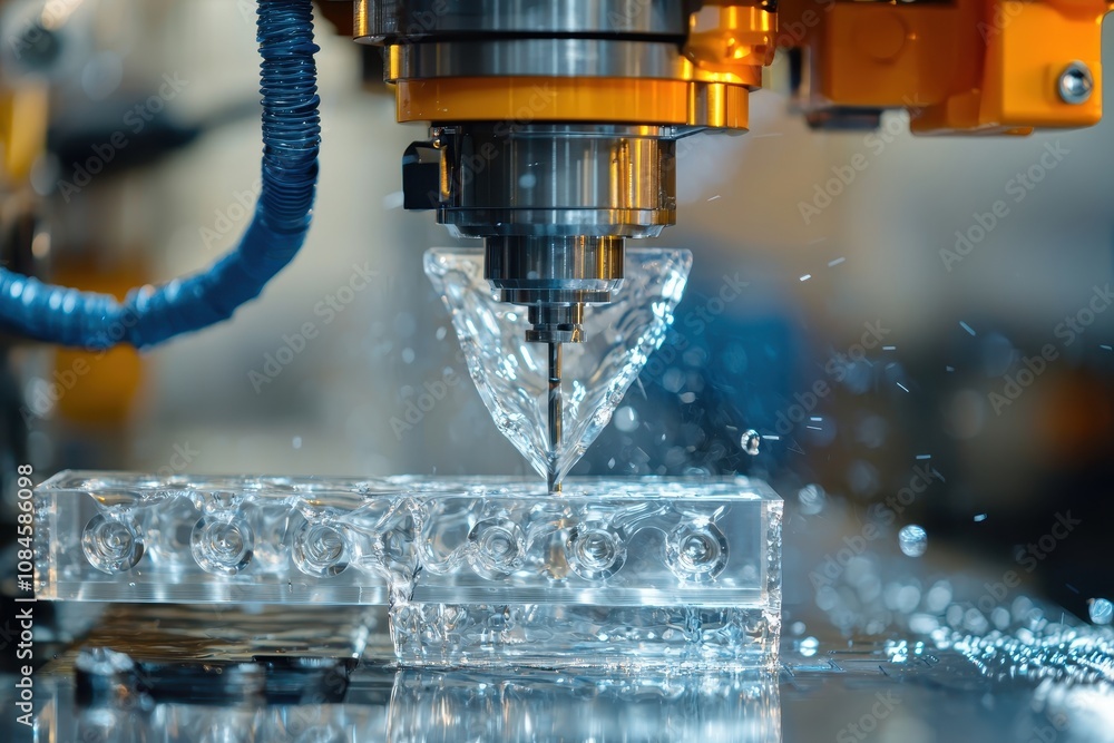 Poster precision cnc machining process of clear acrylic block with water cooling and cutting tool in modern