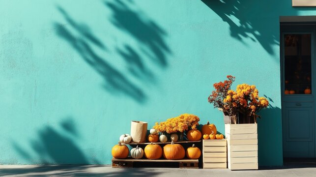 Arrangement of pumpkins and orange flowers against a turquoise wall with shadow patterns, conveying an autumnal and vibrant display.
