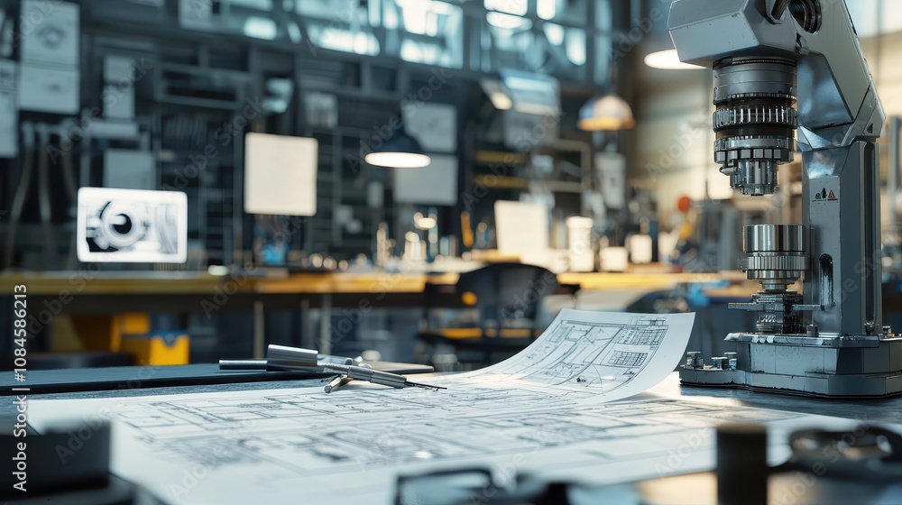 Poster detailed view of engineering workshop featuring blueprint plans and precision instruments in a moder