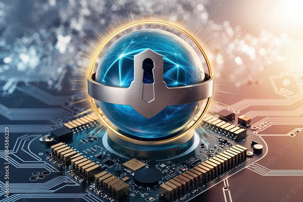 Poster radiant sphere with key shield over circuit board for cloud data security