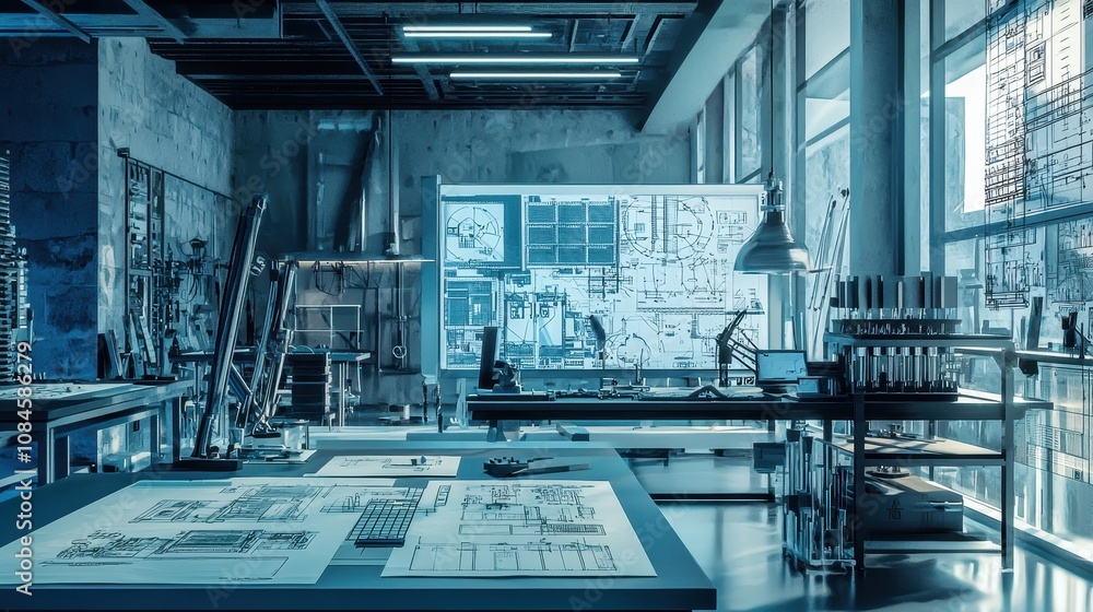 Poster modern architectural design studio with blueprints and tools on clear tables surrounded by large win