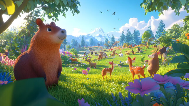 A Lively and Detailed 3D Animated Landscape with a Capybara Farmer and Harmonious Animals Working Together
