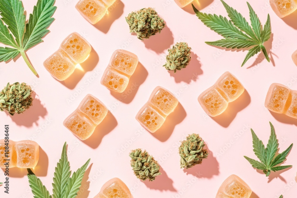 Poster a collection of cubes of ice with marijuana leaves sitting on top, often used in photography and adv
