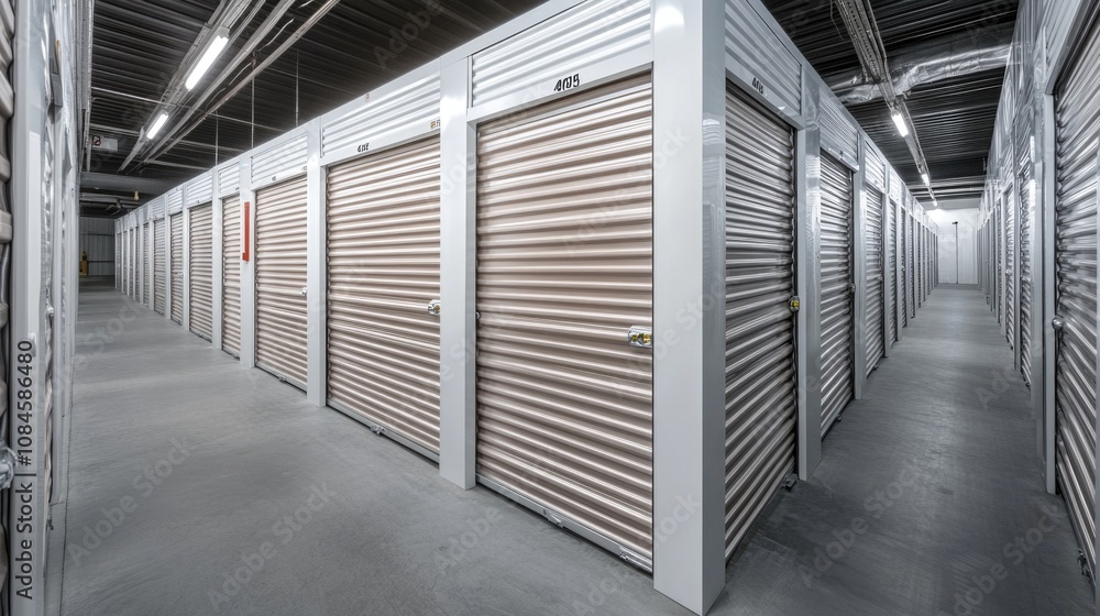 Poster a row of storage units in a warehouse or storage facility, featuring a racking system for organized 